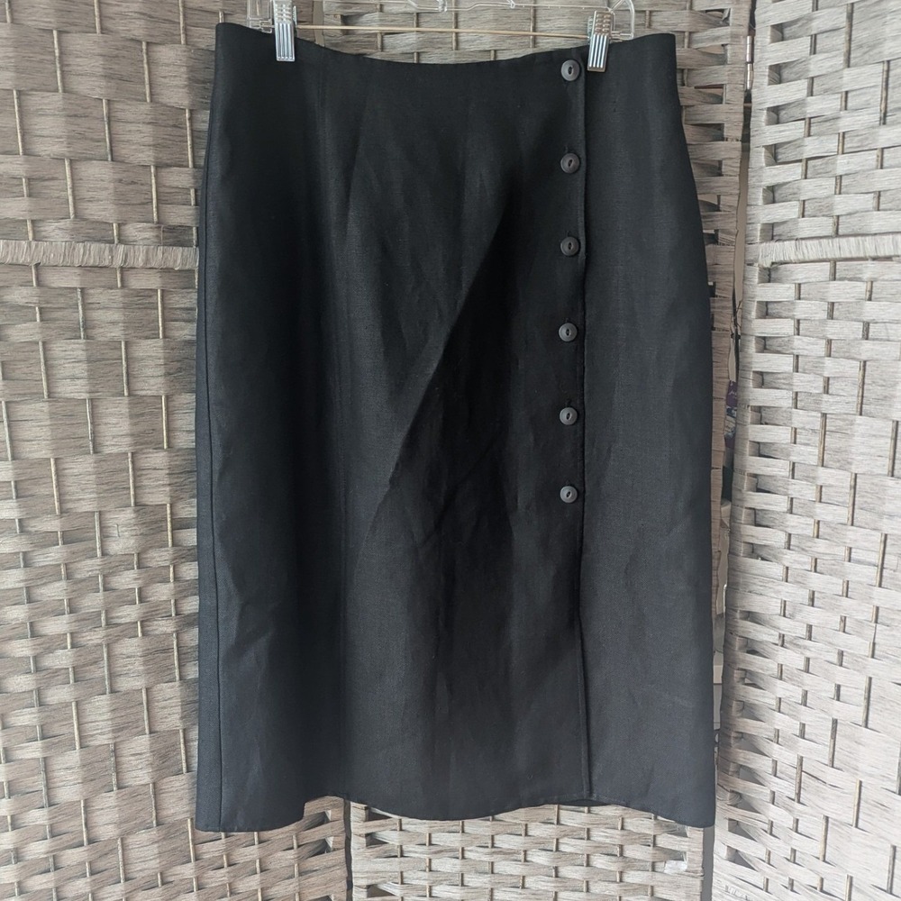 Vtg Midi Skirt Black Herringbone Side Button Linen Blend Sz 14 Quiet Luxury